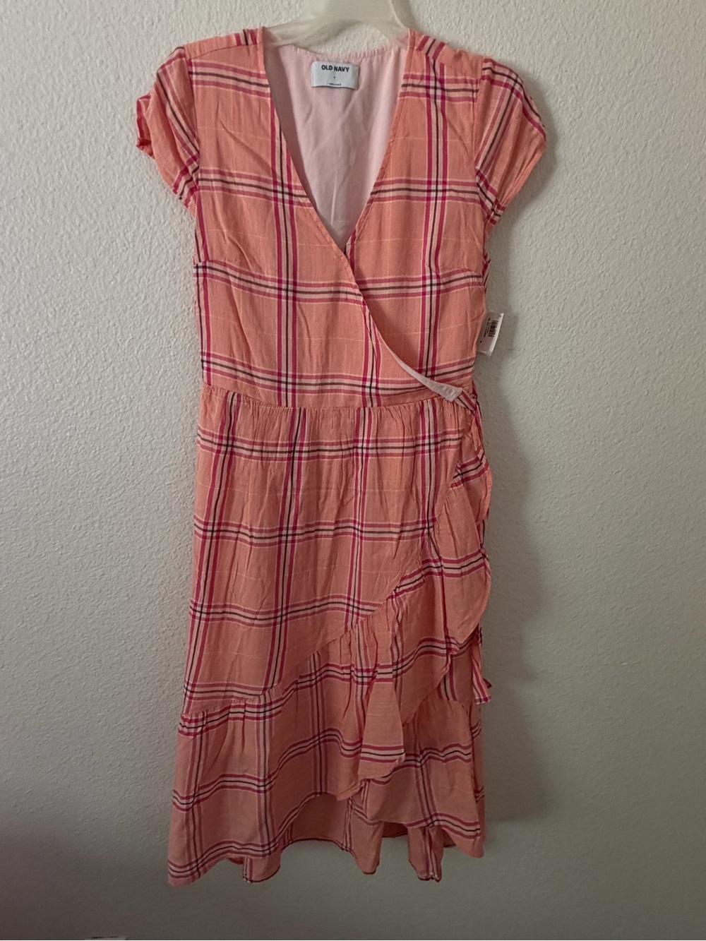 Old Navy Peach Pink Plaid Wrap Dress